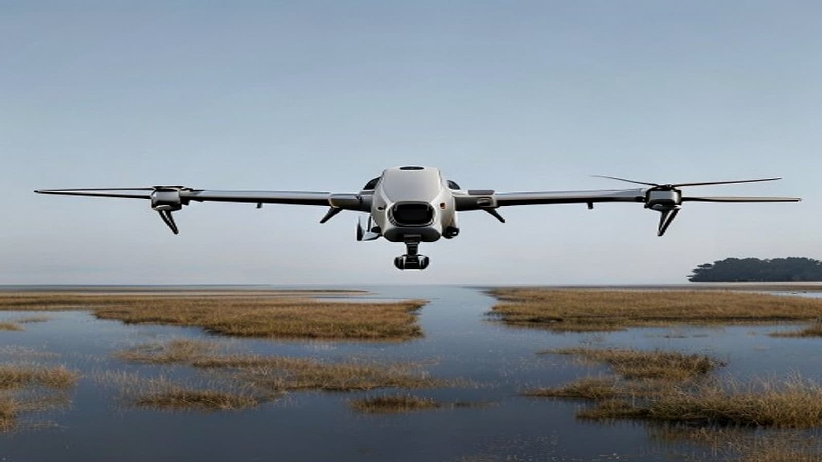 Aerinos concept fixed-wing VTOL unmanned aircraft over coastal marshland